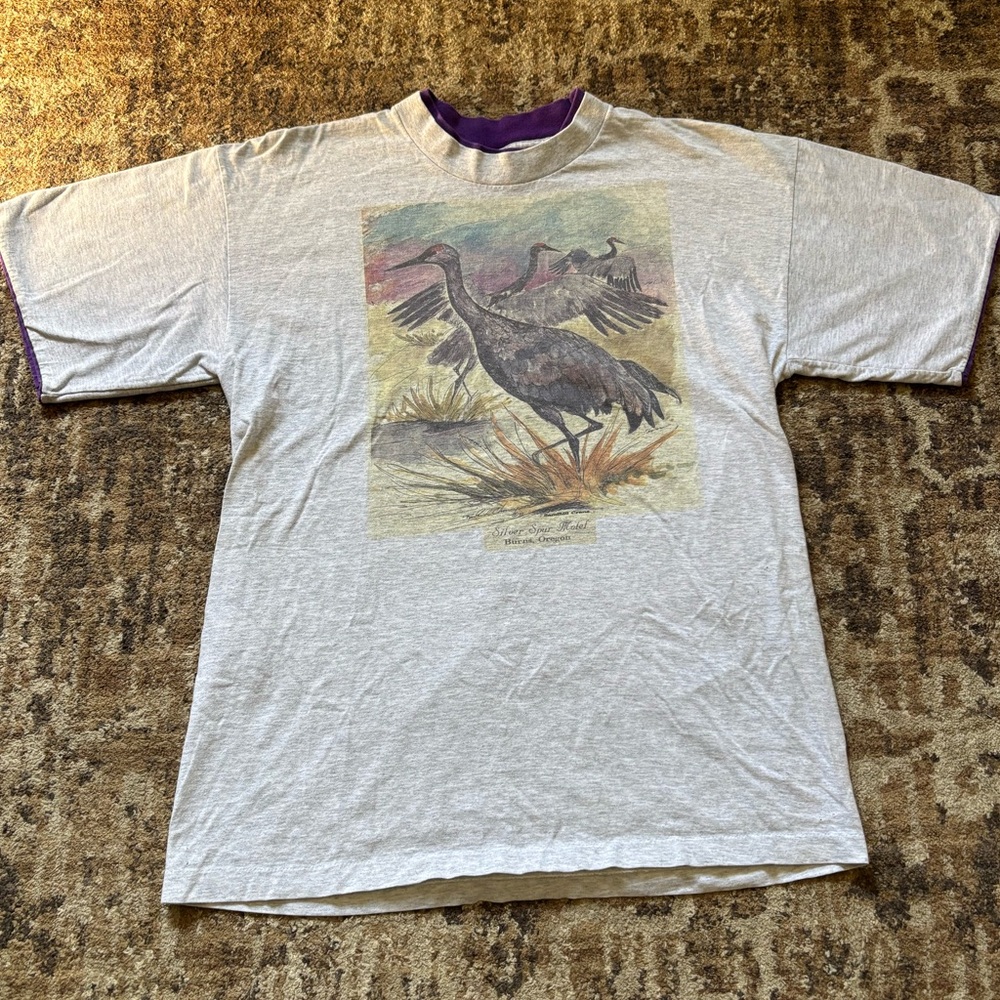 Vintage Double Tee Sand Hill Crane Watercolor Shirt Purple Grey Burns Oregon L